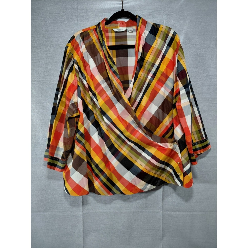 Liz Claiborne New York Tartan Plaid Wrap Blouse Woman 22W Gold Button 3/4 Sleeve